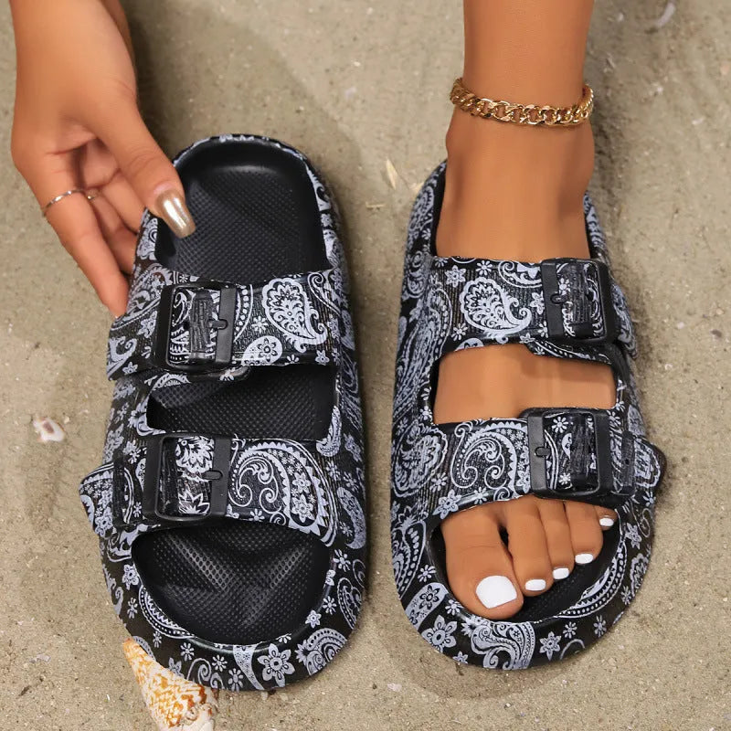 Women's thick bottom EVA slippers in leopard print and paisley patterns for bathroom use.