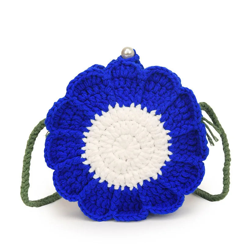 Hand-woven round bag with wool crochet flowers and cotton lining