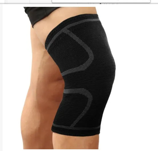 Black non-slip stretch sports knee pad shown on a knee, with size and colour options visible.