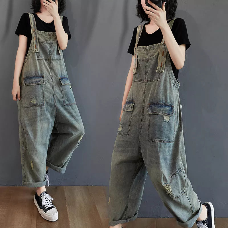 Women's light blue cotton retro ripped denim overalls with adjustable straps