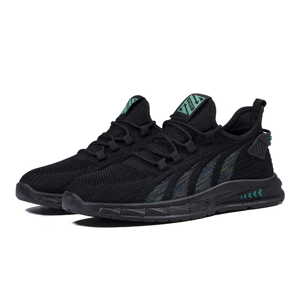 Low-top black mesh sneakers with a flat plastic sole and shallow cut design on a white background.