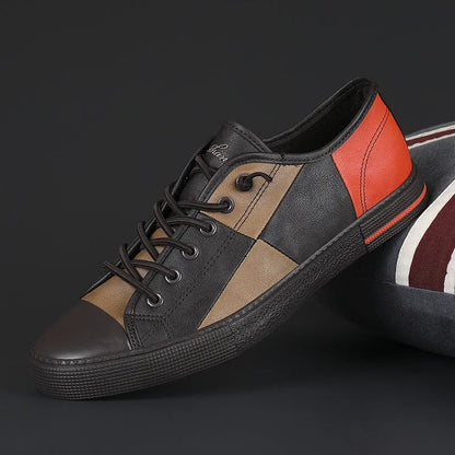 Men's colour matching leather slip-on shoes with elastic band and rubber sole