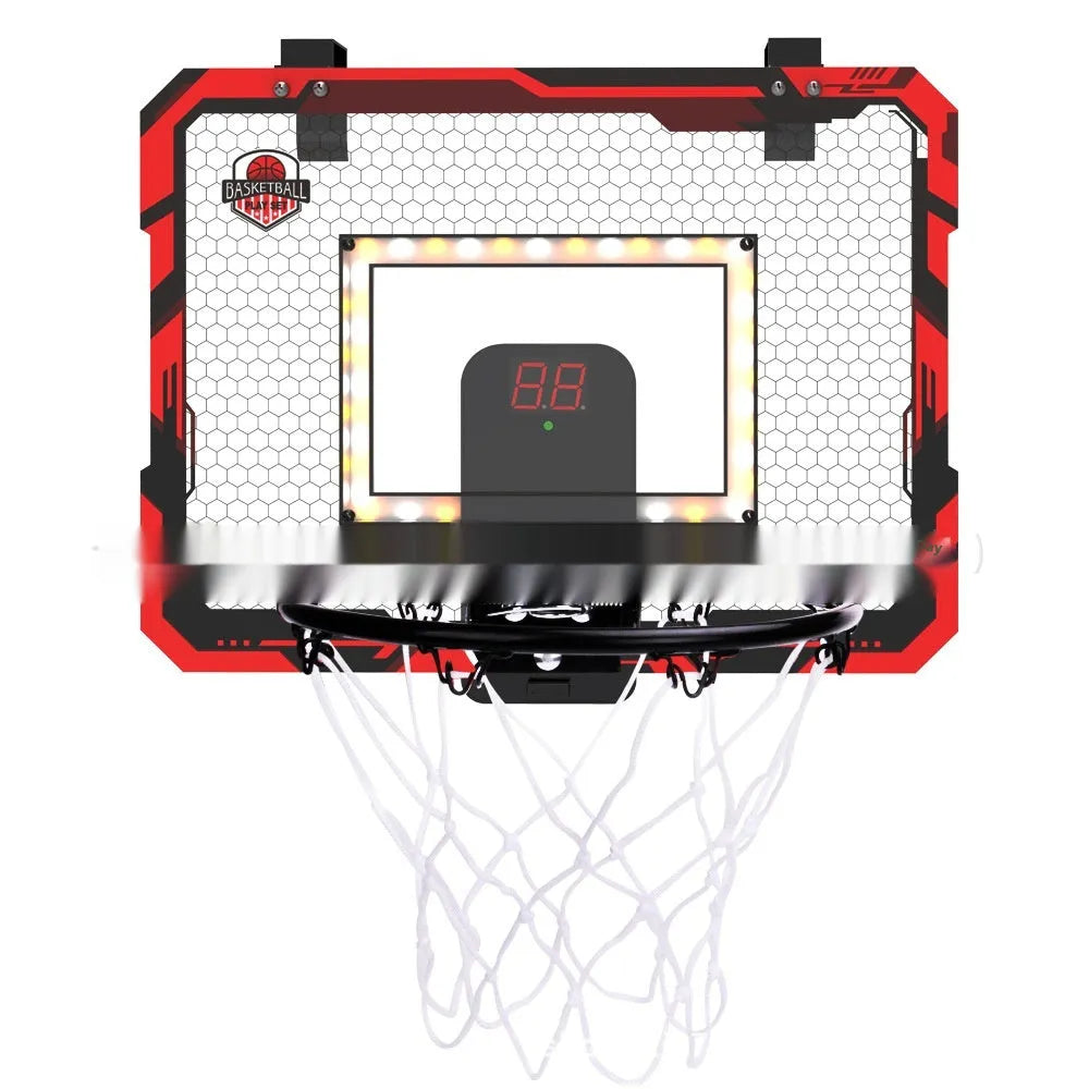 Red folding basketball frame with suction cups mounted on door, showing 400x300mm panel and 16cm ball