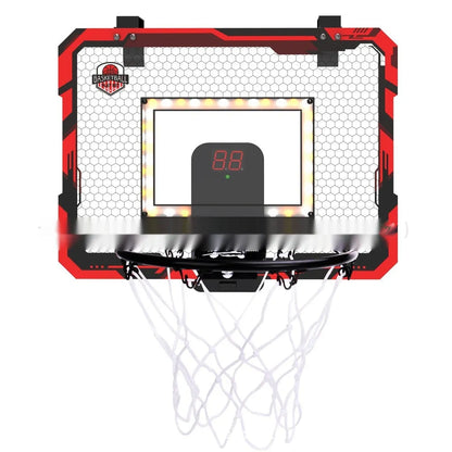 Red folding basketball frame with suction cups mounted on door, showing 400x300mm panel and 16cm ball