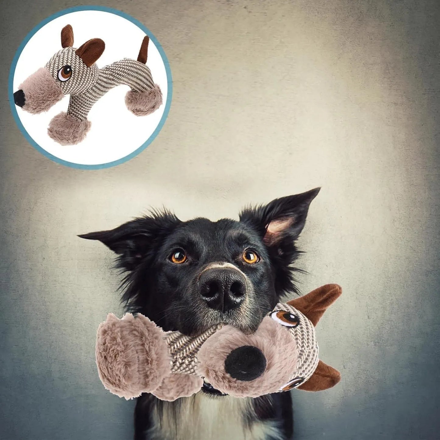 Plush dog squeaky toy with cotton-weave construction for medium and large dogs
