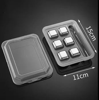 Set of eight stainless steel whiskey cooling stones with metal clip in plastic storage container