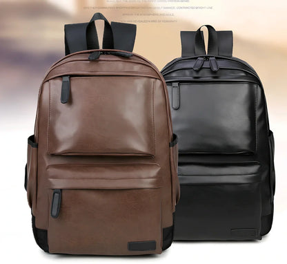 Black men's PU leather backpack with computer pocket and adjustable shoulder straps