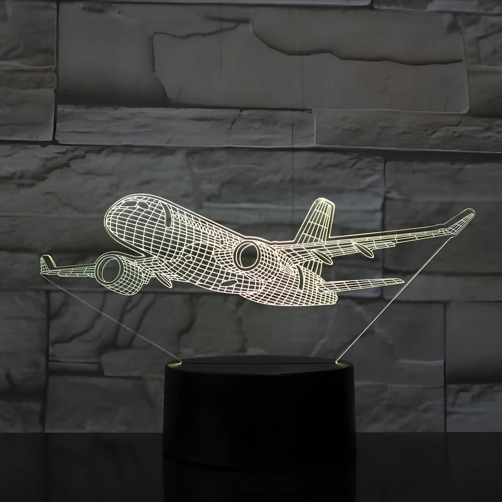 Custom 3D airplane hologram night light with optical acrylic panel and ABS base showing colour-changing illumination