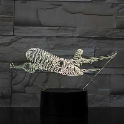 Custom 3D airplane hologram night light with optical acrylic panel and ABS base showing colour-changing illumination