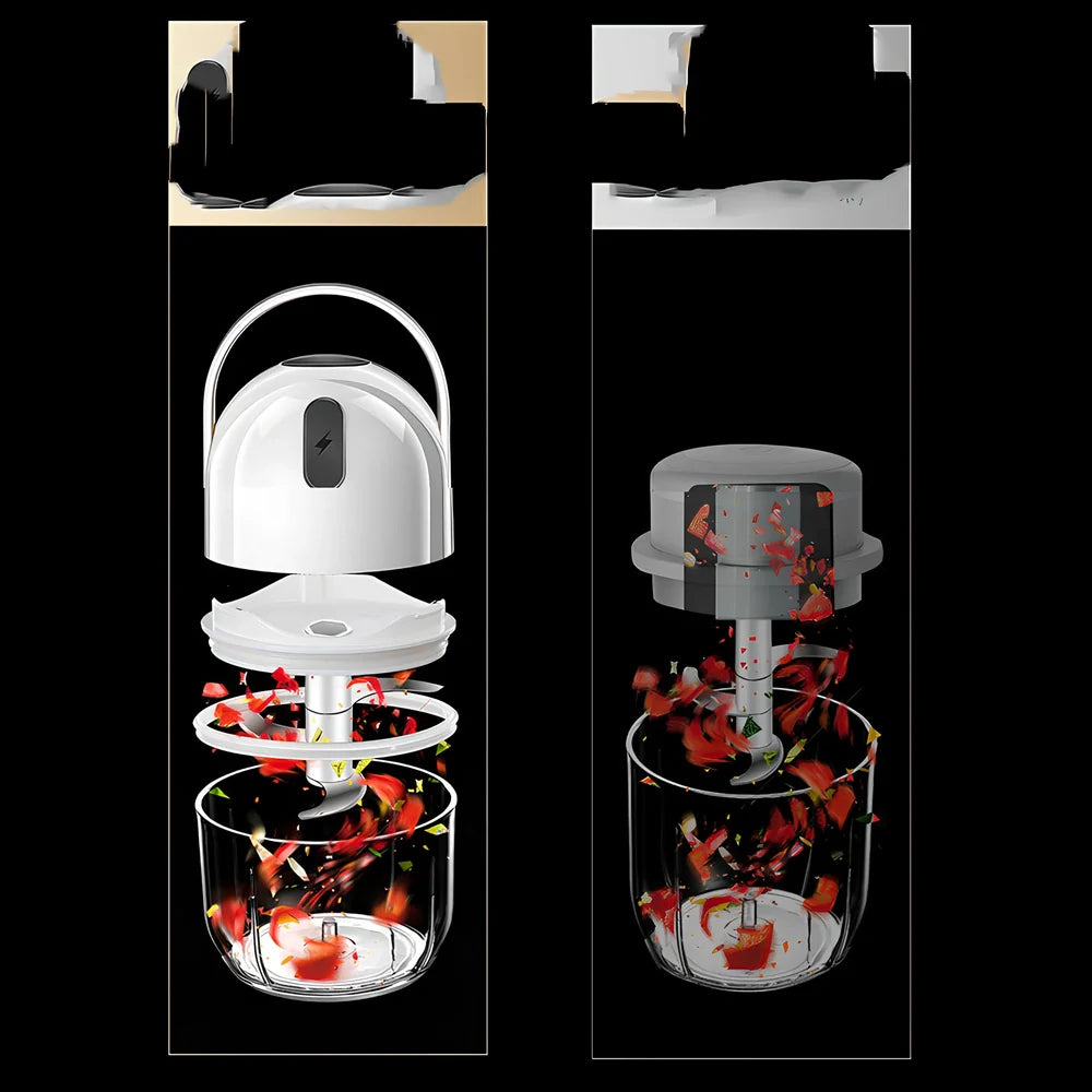 White electric garlic masher with USB cable, showing 280ml capacity chamber and compact 9cm width design