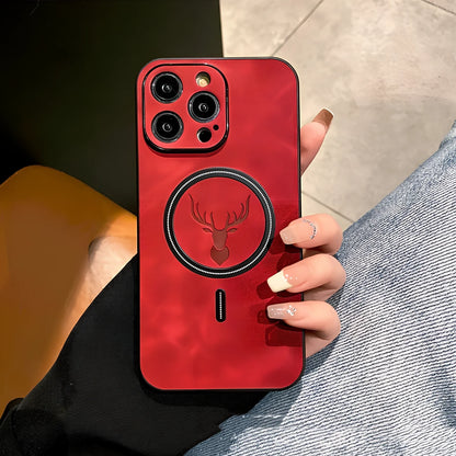 Elk magnetic suction phone case with cartoon design showing magnetic closure and imitation leather texture