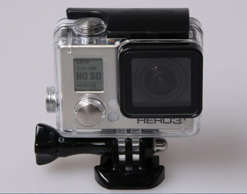 Sports camera case with movable base and screw for secure mounting