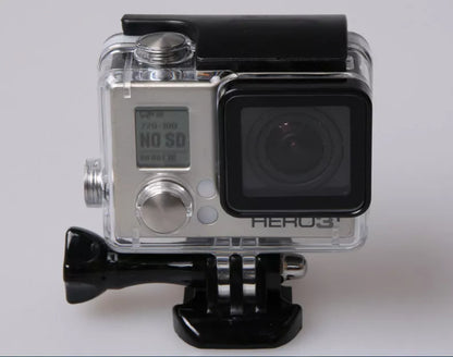 Sports camera case with movable base and screw for secure mounting