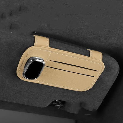 Cowhide leather car sun visor card holder with glasses clip in beige, black, mocha, grey or wine red