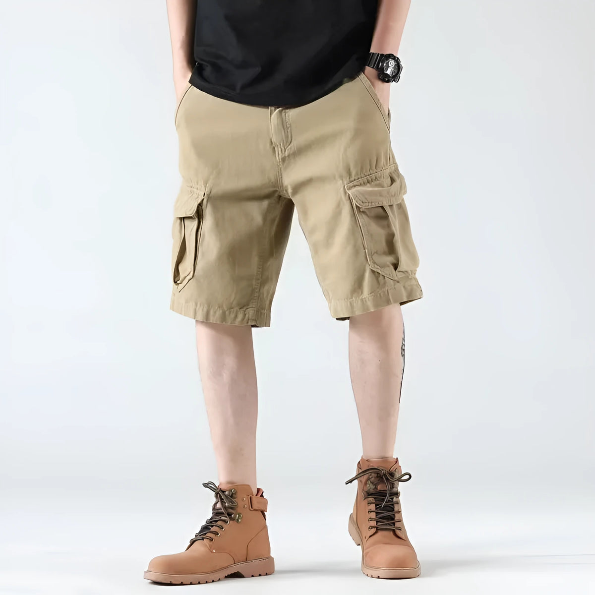Men's heavy American overalls shorts in khaki, black, or green, loose straight-leg polyester blend summer shorts with zip fly