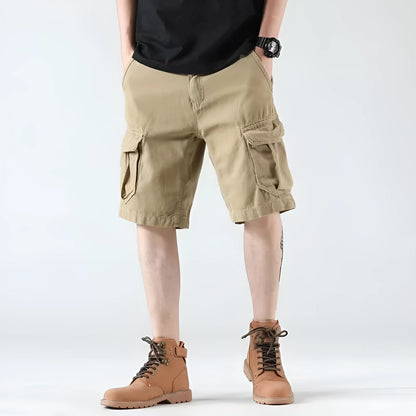 Men's heavy American overalls shorts in khaki, black, or green, loose straight-leg polyester blend summer shorts with zip fly