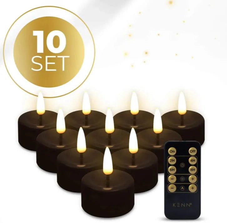 Four black LED tealight candles showing realistic flame effect with 4.1cm diameter measurement