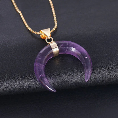 Natural stone moon pendant necklace with electroplated copper fittings on adjustable 45cm chain