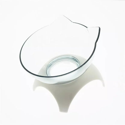 Double bowl cat food bowl with 15° tilt for cervical protection, transparent design with cute cat face