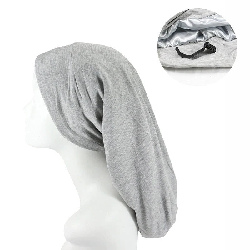 Adjustable satin-lined nightcap in various colors for women's hair care and relaxation