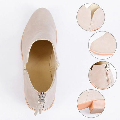 Stylish women's retro high heel ankle boots for autumn in pink, black, and beige