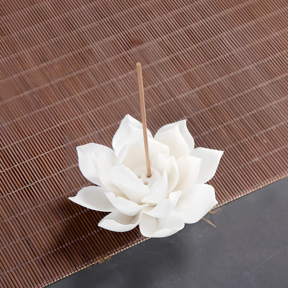 White porcelain lotus incense burner showing S and L size options with ceramic construction