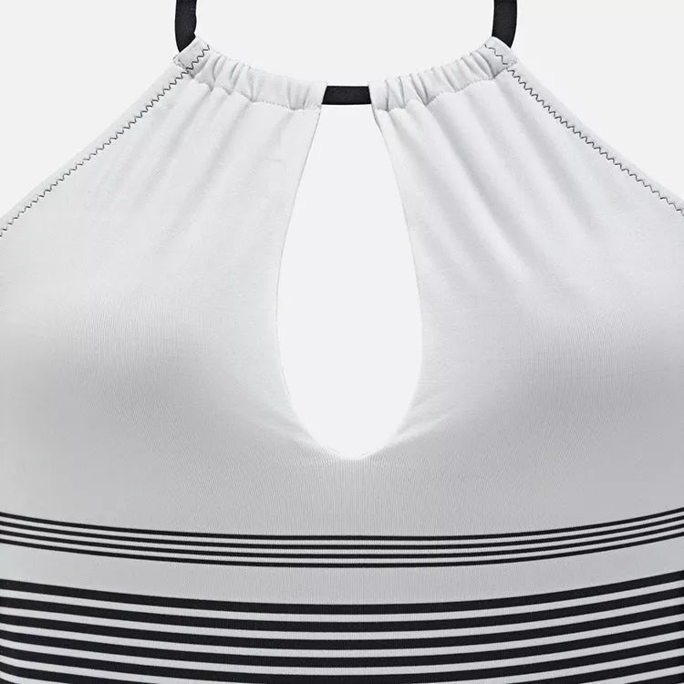 Black one-piece striped swimsuit for women, made from durable nylon