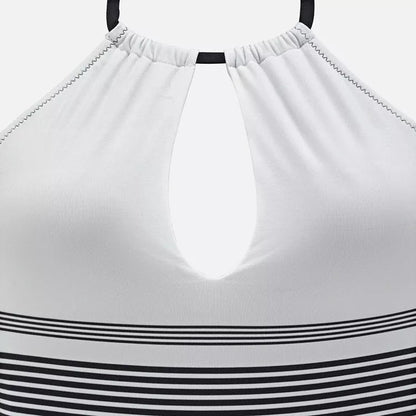 Black one-piece striped swimsuit for women, made from durable nylon