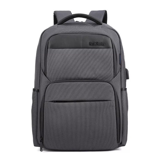 Men's USB charging anti-theft backpack in grey, blue, or black with multiple compartments