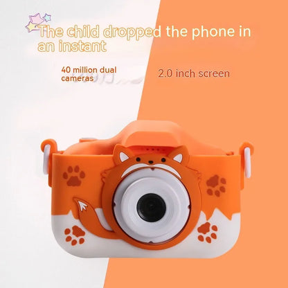 HD cartoon children's digital camera in blue or orange with 2-inch screen and lanyard
