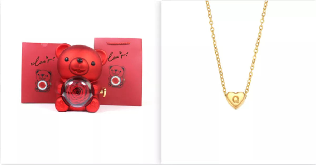 Eternal Rose Teddy Bear Jewelry Box with rotating drawer and preserved rose