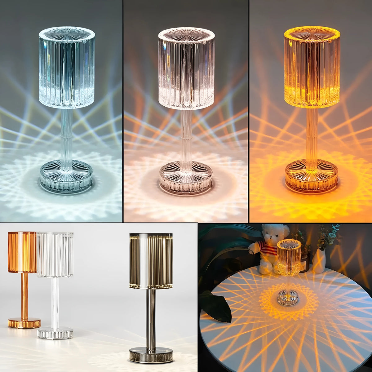 Crystal table lamp with K9 crystal shade and touch dimmable LED lighting on wooden table