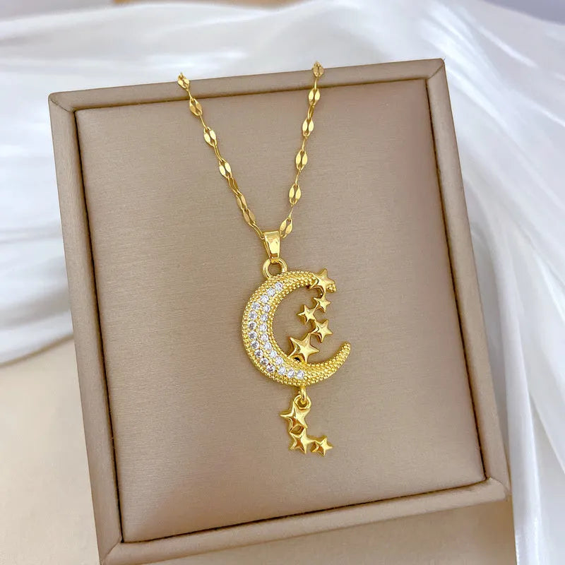 A218 stainless steel necklace with geometric moon pendant featuring copper detailing on an image style chain