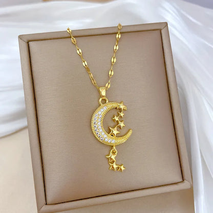 A218 stainless steel necklace with geometric moon pendant featuring copper detailing on an image style chain