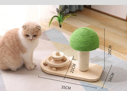 Solid wood cat scratching post with suspended sisal balls for interactive playtime and exercise