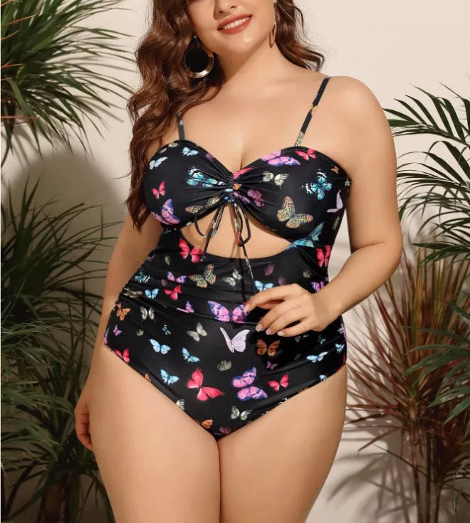Plus size black print swimsuit with high elasticity for women