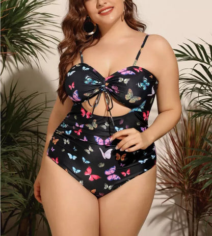 Plus size black print swimsuit with high elasticity for women