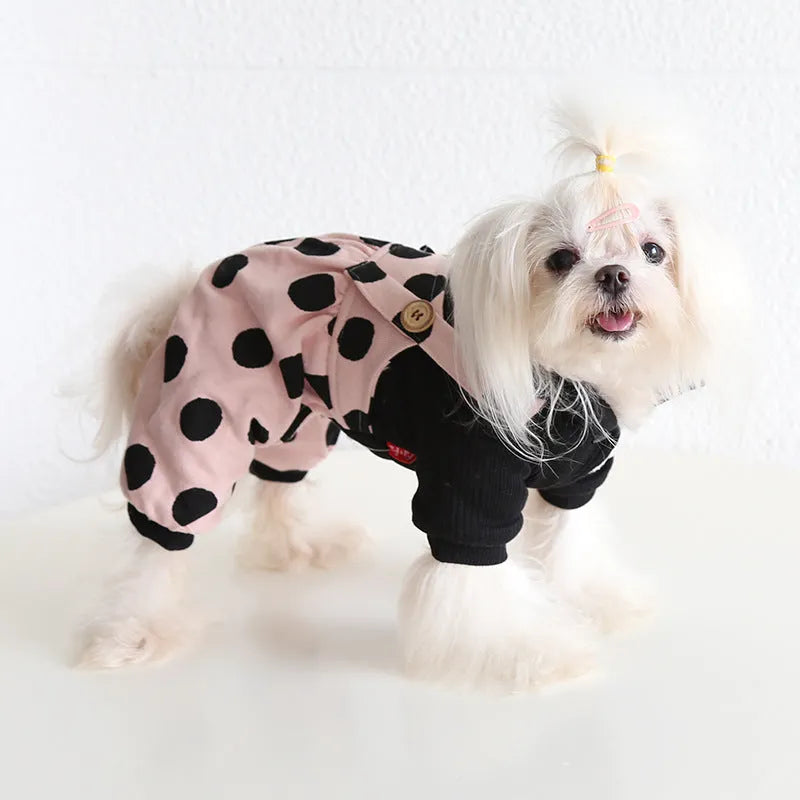 Casual lapel shoulder strap dog clothes in cloth material, showing four-legged and skirt style options.