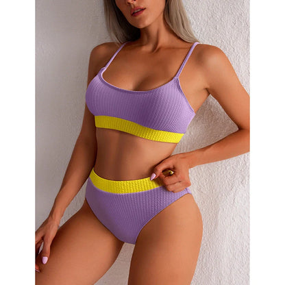 Women's high waist bikini set with push-up top and ribbed design in various colors