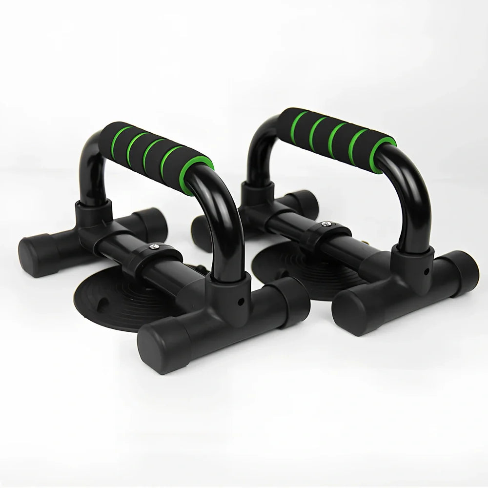 Green suction cup push-up bracket with electroplated steel frame and foam handles for chest exercises