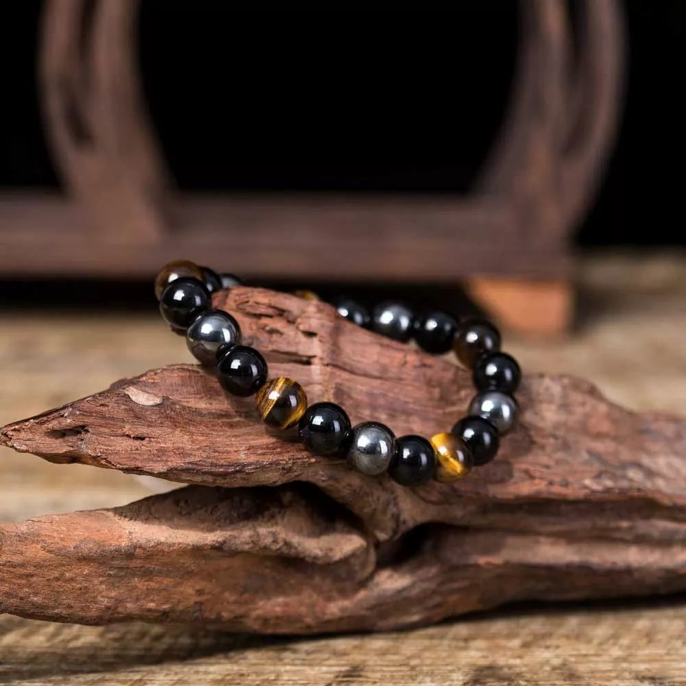 Hand-woven Tiger Eye Stone Bracelet in natural stone, sizes 8mm and 10mm