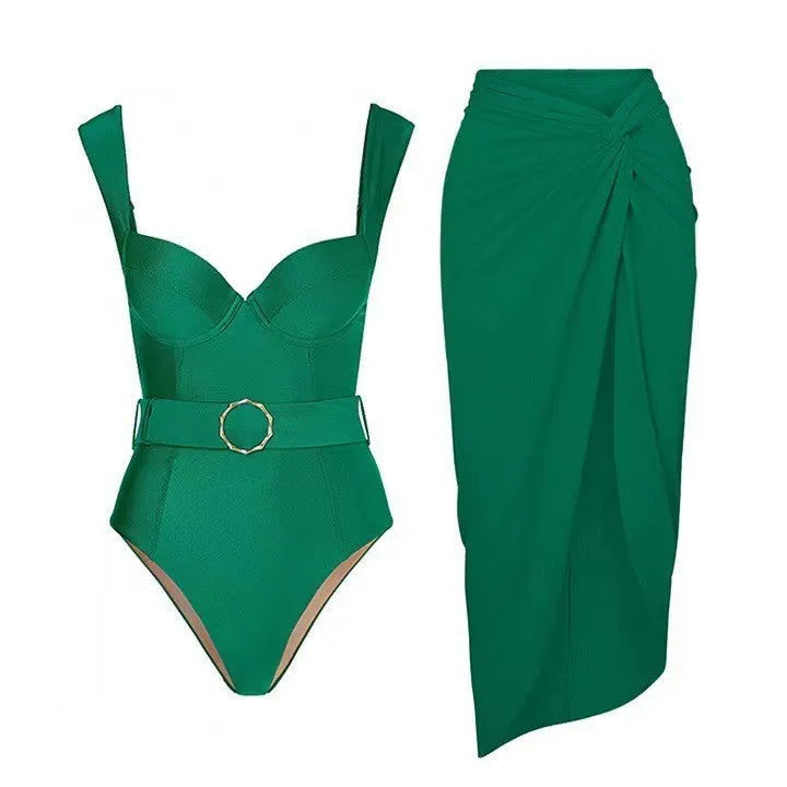 Women's polyester swimsuit with gauze skirt in double shoulder and oblique shoulder styles