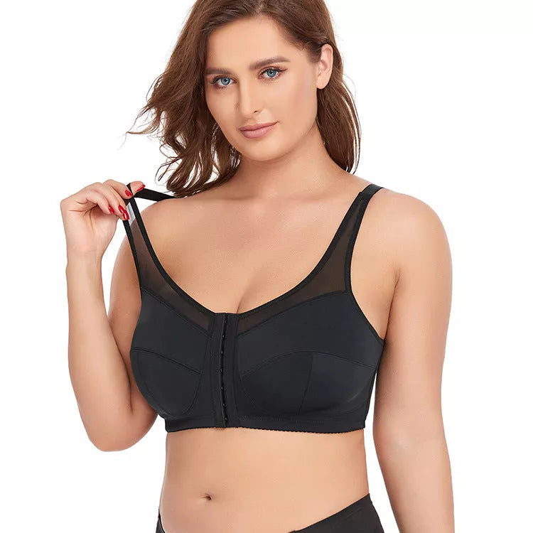 Wireless lace sports bra with front buttons in black and skin color, sizes S to 5XL