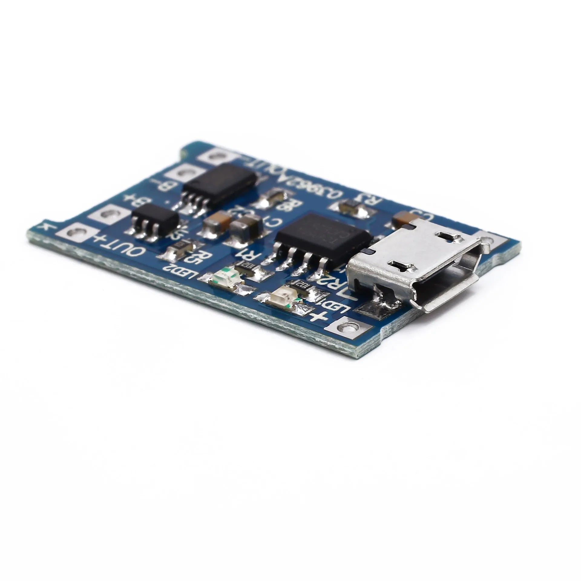 Blue lithium battery charging protection circuit board measuring 2.6cm by 1.7cm with visible components