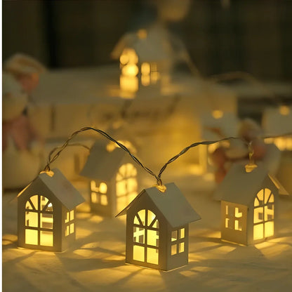 LED fairy light string with 10 wooden house designs on 2-metre cord for Christmas decoration