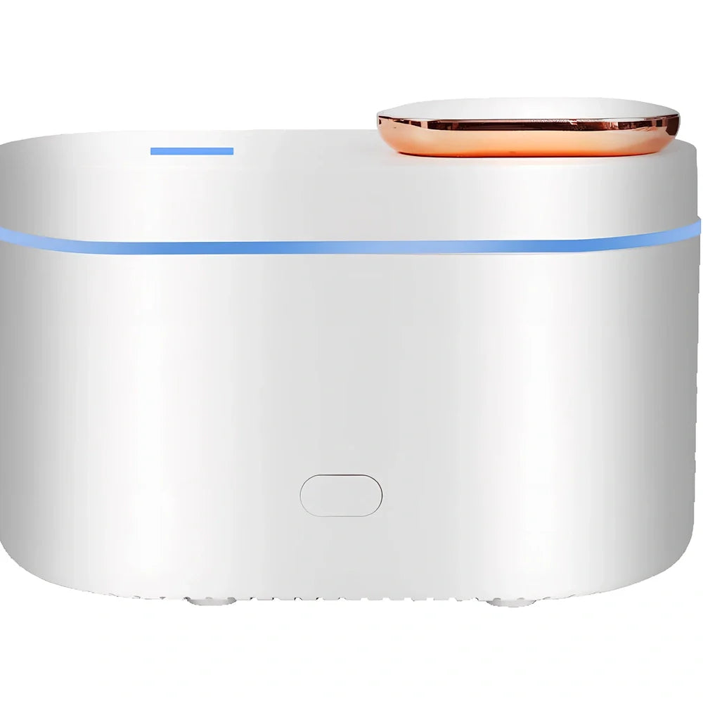 White ultrasonic aroma diffuser measuring 13.5x8x9cm with 200ml capacity and RGB lighting