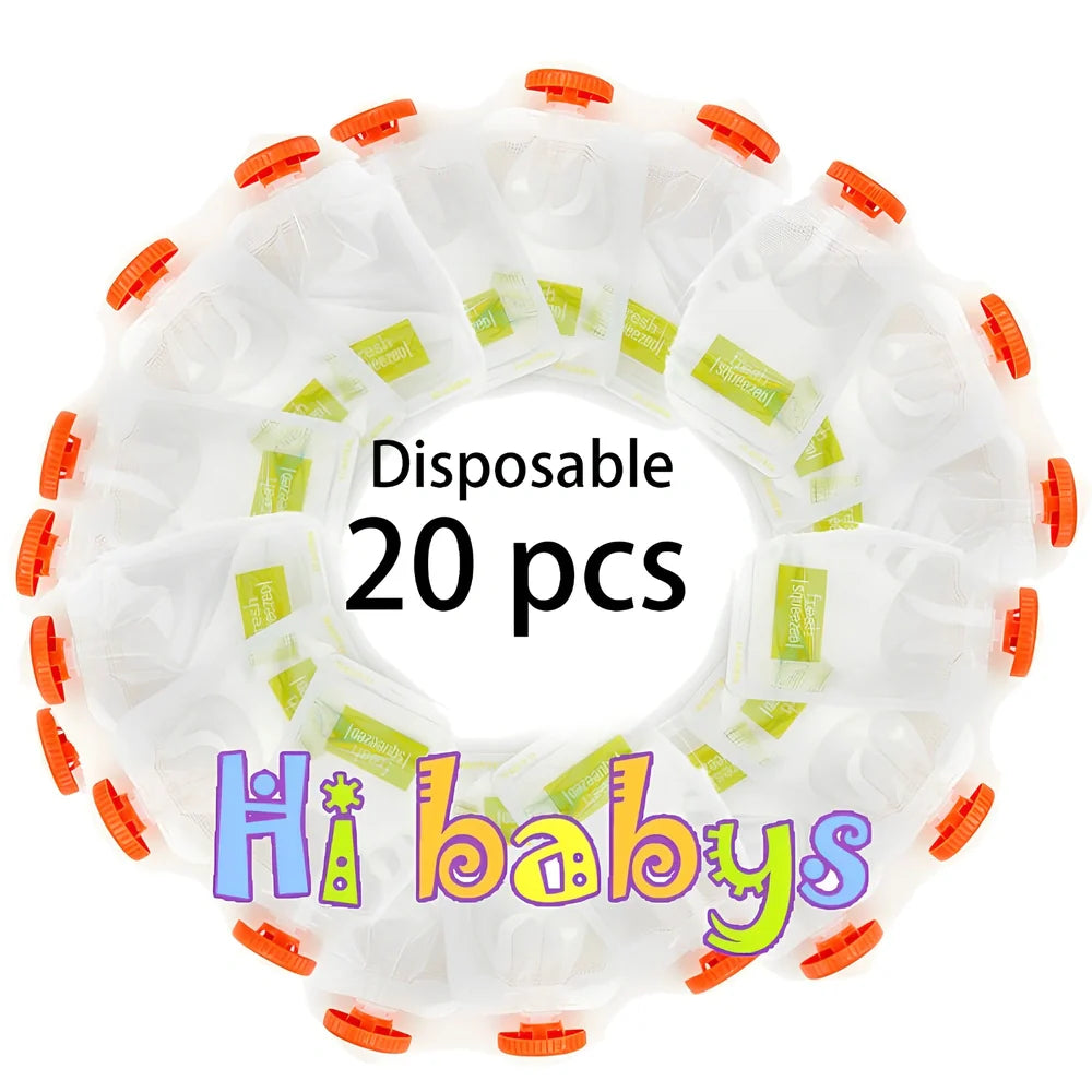 Baby food squeeze station pressing puree into 4-ounce pouch with ABS construction measuring 18x9x22cm