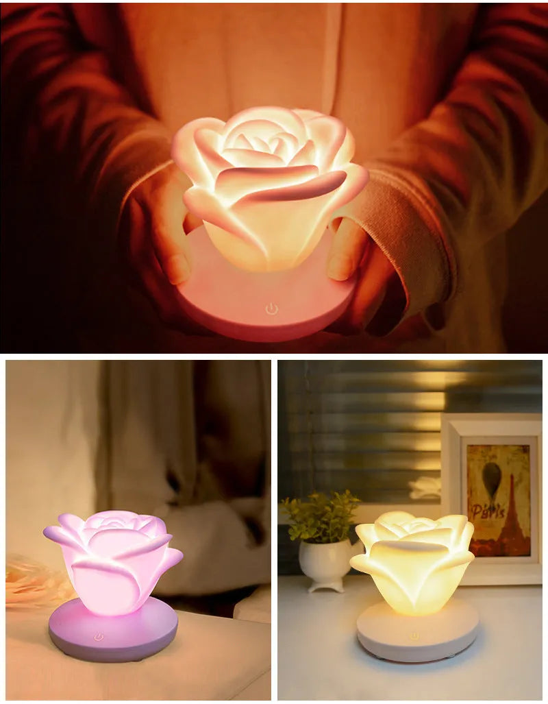 Mini rose night light with ABS base and PVC soft petals, 10 x 10 x 9.6 cm, USB rechargeable, touch dimmable, in pink