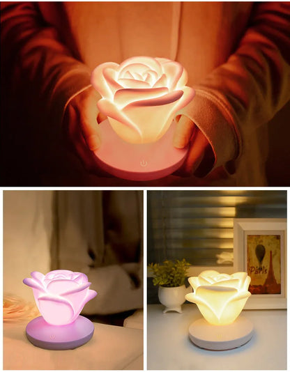 Mini rose night light with ABS base and PVC soft petals, 10 x 10 x 9.6 cm, USB rechargeable, touch dimmable, in pink