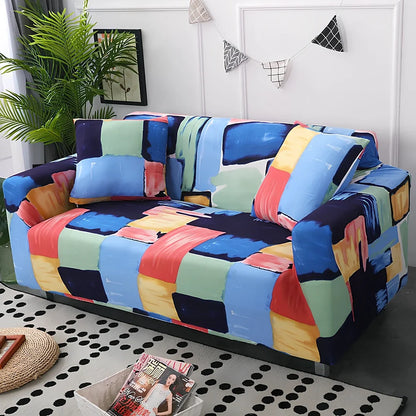 Printed geometric pattern sofa cover on double seat sofa measuring 145-185cm with spill protection